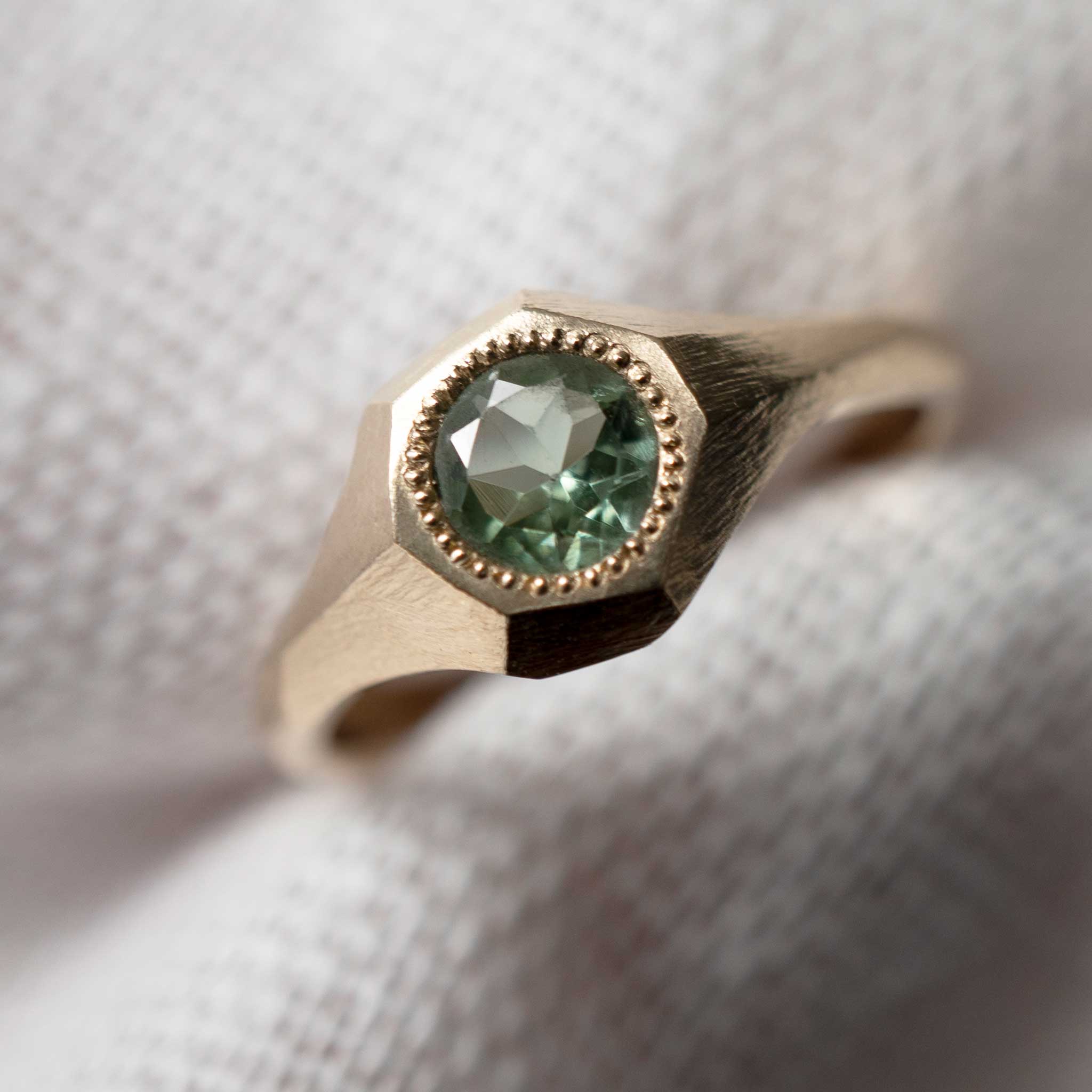Green Tourmaline Solitaire Faceted Signet Ring